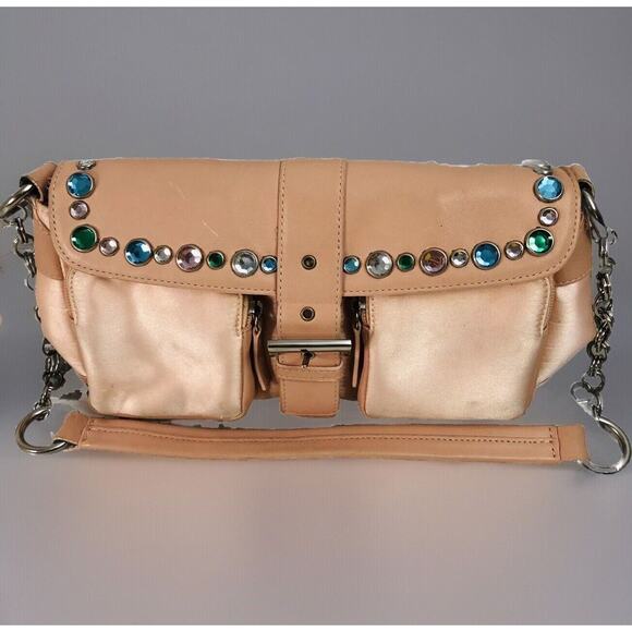 Sandra Roberts 11" Shoulder Purse Satin Pink Handbag Chain Jewels Leather Trim - Picture 1 of 16